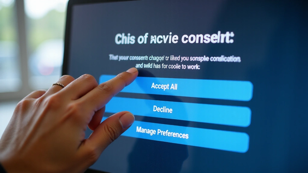 A person's hand interacting with a digital interface, showing cookie consent options with 'Accept All', 'Decline', and 'Manage Preferences' buttons.