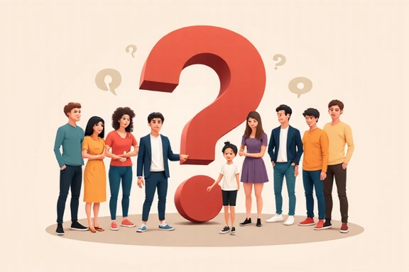 A question mark icon surrounded by various people, representing frequently asked questions.