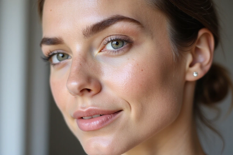 Close-up of dewy, hydrated skin after applying natural skincare